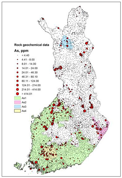 Arseenipitoisuudet (mg/kg) Suomen kallioperässä 